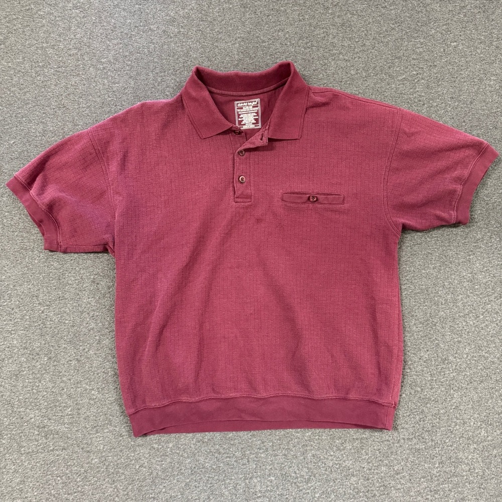 Vintage David Taylor Polo Shirt Mens XL Burgundy Good Textured Banded Hem Pocket